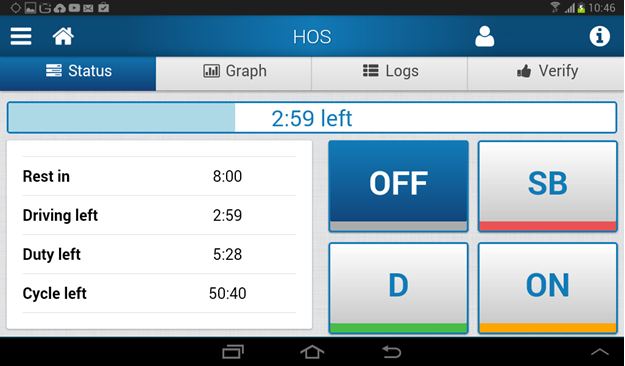 Hours of service app showing driving time left and duty status buttons